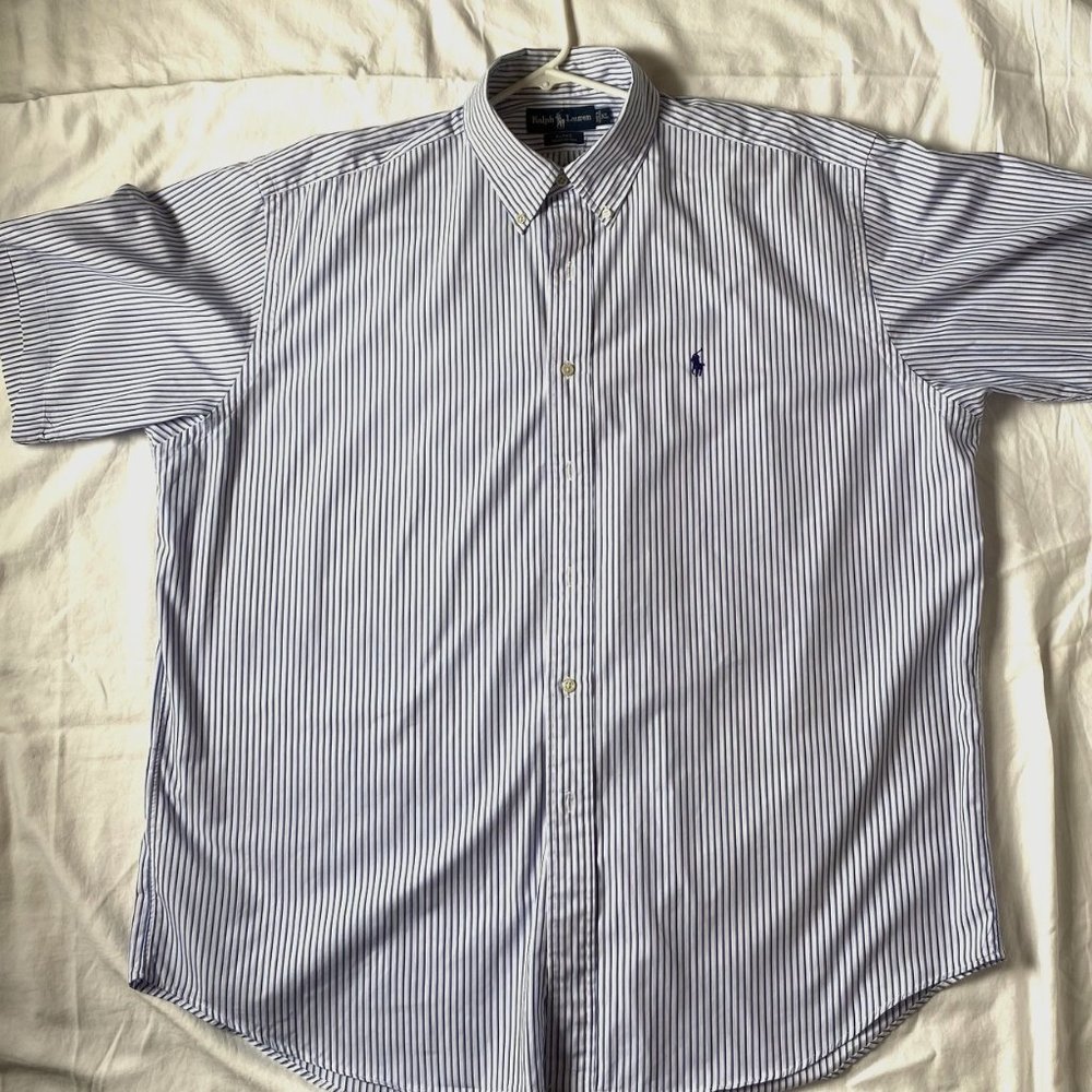 POLO Ralph Lauren Mens XL Blue White Striped Short Sleeve Button Down Shirt